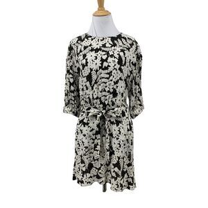 Zara Floral Dress Womens XS Extra Small Black White Quarter Sleeve Belted Bow